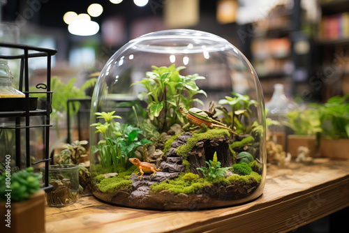 Terrarium filled with vibrant plants and small amphibians. Generative AI