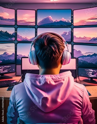 jeune homme avec un casque audio en train de jouer aux jeux vidéos devant un mur d'écran en ia