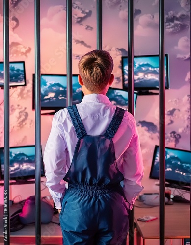 jeune homme regardant des écrans derrière des barreaux dans une ambiance futuriste en ia