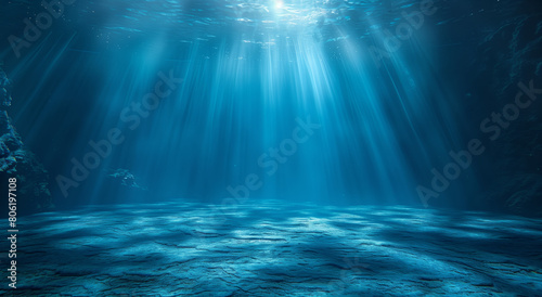 In this deep blue ocean scene, the water appears almost navy in color. The sunlight filters through the water, creating beams of light that illuminate the underwater world. 