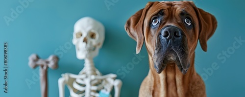 Mastiff Orthopedic Doctor with Bone Model Against Azure Background