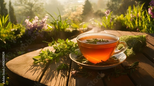 Cup of herbal tea in the garden, summer morning healthy beverage, warm drink