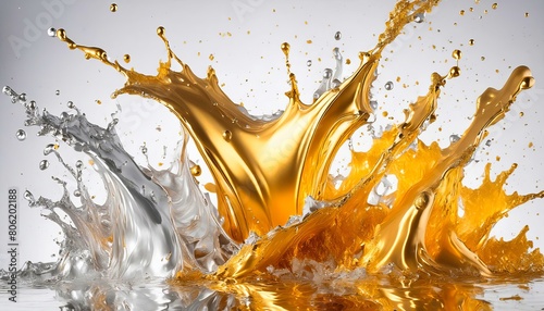 Exquisite gold and silver paint splash in dynamic interplay, symbolizing luxury and creativity on a neutral backdrop.