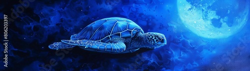 A turtle is swimming in the ocean under a full moon. The image has a serene and peaceful mood, as the turtle is the only living creature in the scene. The blue color of the ocean