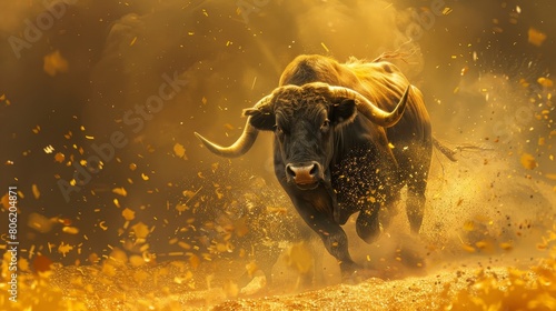 Bull on a golden background running on a golden ground