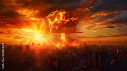 City devastated by atomic bomb explosion during nuclear war. Concept World War III aftermath, Atomic bomb aftermath, Nuclear war consequences, Destruction and recovery, Post-apocalyptic city