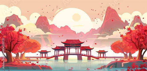Illustration of an Asian landscape with pagodas and red maple trees, mountains in the background.