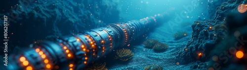 Futuristic underwater structure glows, the subsea telecommunications cable glows in the dark ocean depths.