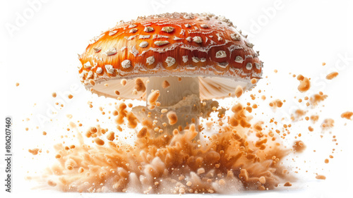 A red and white spotted mushroom with spores exploding.