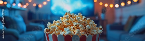 Popcorn in red and white striped bucket with cozy home theater setup with ambient lighting and a vibrant screen