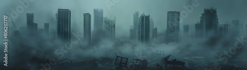 Dystopian Cityscape Shrouded in Layers of Dust and Pollution Under a Gloomy Dark Sky