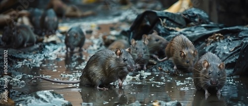 Dirty disgusting rats or mouses on area that was filled with sewage, smelly, damp, and garbage bags. Referring to the problem of rats in the city, disease outbreaks from animals, filth of city.