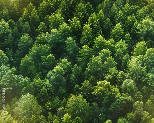 An aerial view of a lush green forest. The trees are all different shades of green, and the sunlight is shining through the canopy.