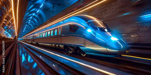 Train high speed train with motion gulden and blue colors through Train Station blurred background 3d illustration