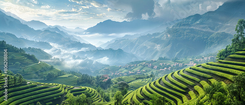 Vibrant Rice Terraces in Southeast Asia, Morning Light Illuminates the Intricate Patterns of Agriculture