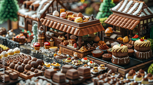Isometric 3D Icon of Lively Local Market hosting Chocolate Tasting Event for Enthusiasts