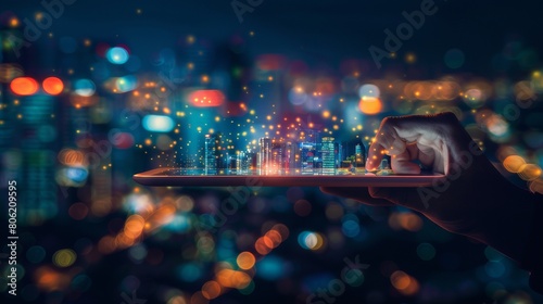 Hand holds tablet with digital projection of Smart city with smart services and icons, internet of things, networks and augmented reality concept. Night city.