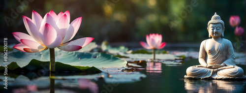 Serene scene featuring glowing lotus blooms and a Buddha statue, embodying harmony and spiritual enlightenment in a tranquil setting