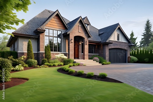 3d rendering of modern cozy clinker house on the ponds with garage and pool for sale or rent with beautiful landscaping on background. Clear summer night with many stars on the sky. 