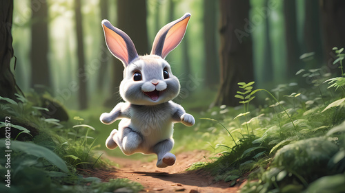 In a beautiful forest, there is a cute little rabbit running happily