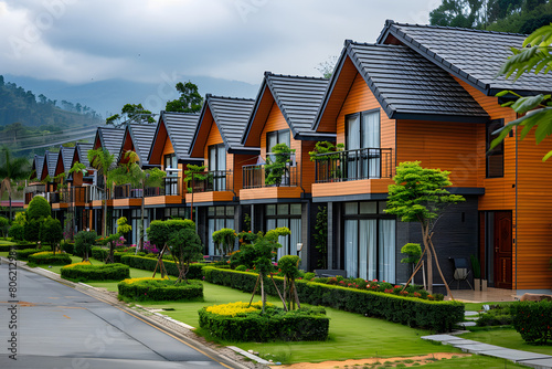 Row of modern townhouses in a lush green residential area. Architectural photography of suburban housing. Real estate development and community living concept. Vibrant neighborhood