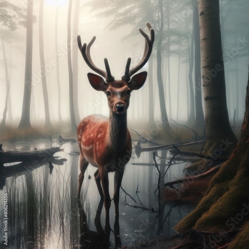 A wary deer stands by the water's edge in a misty swamp.