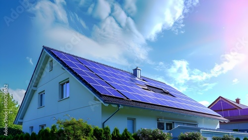 Solar panel system on roof harnesses suns energy for ecofriendly power. Concept Renewable Energy, Solar Power, Eco-Friendly Technology, Energy Efficiency, Sustainability