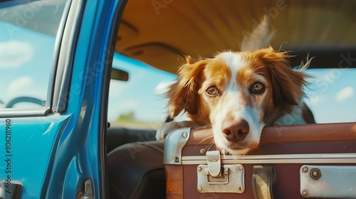 A cute dog is sitting in the back of a blue retro car, with its head resting on a vintage suitcase.