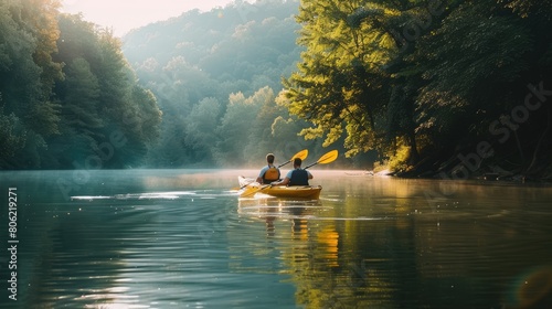 couple kayaking together on a peaceful lake 