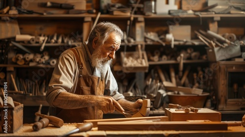 Craftsman carving a piece of wood in his workshop 