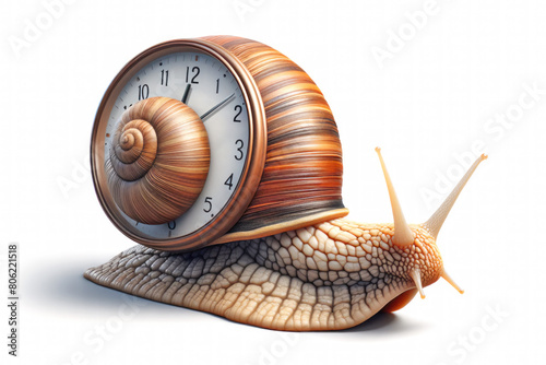 Creative snail with a vintage clock. A metaphor for leisurely customer service on a white background