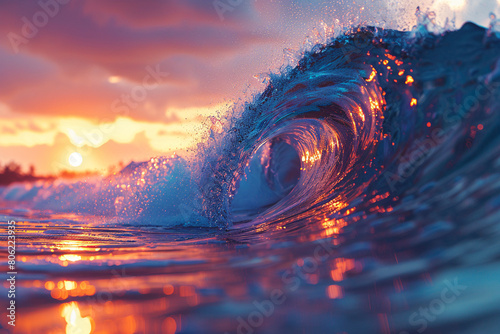 Vibrant ocean wave funnel illuminated by sunset creates magical seascape