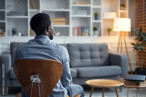 Man seated back view contemplating his comfortable living room interior. Psychologists office
