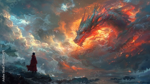 man with a dragon above the clouds
