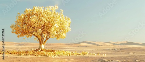 Golden Metallic Mascara Tree A faceless headtoglow metallic mascara tree shines brightly in a minimalist desert