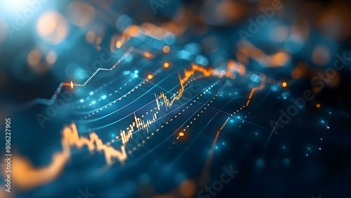 Dynamic stock market visuals with digital charts on dark blue background. Concept Stock Market Trends, Financial Data, Analytics, Business Investments, Market Performance