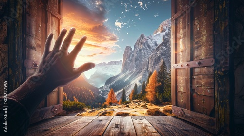 A hand opens the door to reveal nature and mountains.