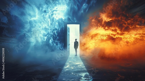A man attempts to open a door leading to a new, better world, symbolizing conceptual change and the juxtaposition of two worlds - hell and paradise.