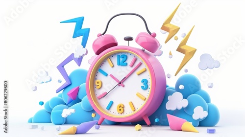 3D render alarm clock hurry up, ringing watches with flash lightnings. Morning alert, time countdown, last chance sale or deadline concept, Illustration in cartoon plastic style on white background