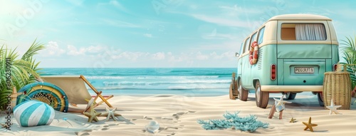 A van standing on a tropical beach in summer. Vacation, ocean, sand beach, travel and surf concept.