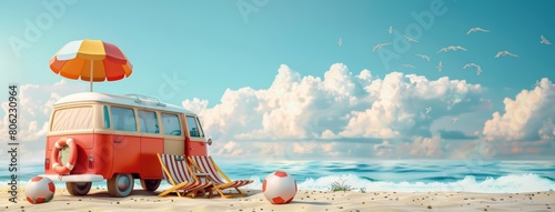 A van standing on a tropical beach in summer. Vacation, ocean, sand beach, travel and surf concept.