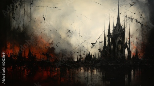 Abstract surreal gothic background with castle, sharp lines and black water, landscape.
