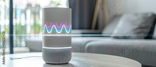Detailed view of a digital assistant device responding to voice commands, smart home tech