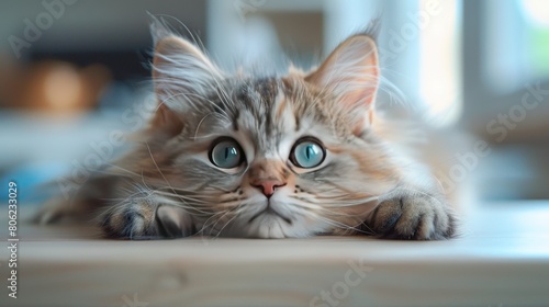 big long-haired gray cat with beautiful big eyes lying on a white table. Beautiful furry cat licks