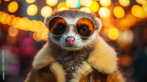 Fashionista ferret in a faux fur stole, wearing oversized sunglasses