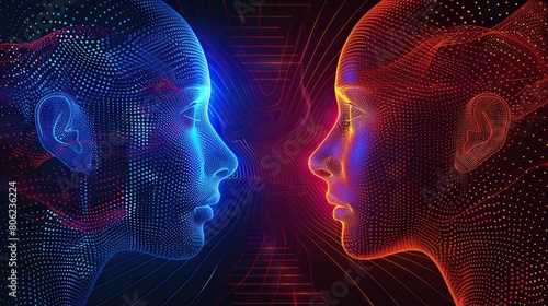 Two digital human profiles facing each other in a neon-infused cyber environment