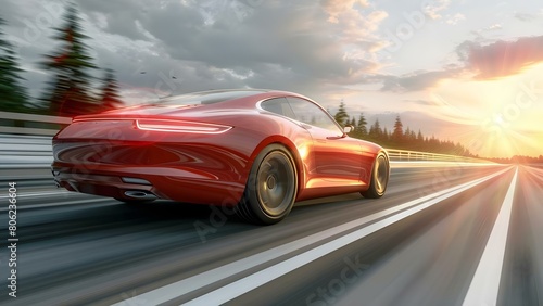 A red business car speeds along a highway on a sunny day. Concept Road trip, Speeding, Sunny weather, Red car, Business trip