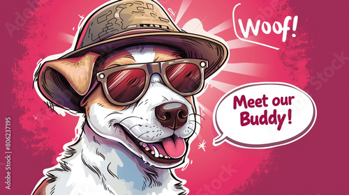 A cute illustration of a dog wearing sunglasses and a hat. The dog is smiling and has a speech bubble that says "Woof!". The image has a text that says "Meet our mascot, Buddy".