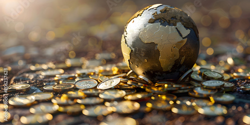 A precious black and gold globe framed by a heap of gold coins