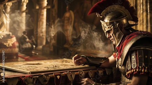 A Roman soldier sits at a table, looking at a map. He is surrounded by weapons and armor.